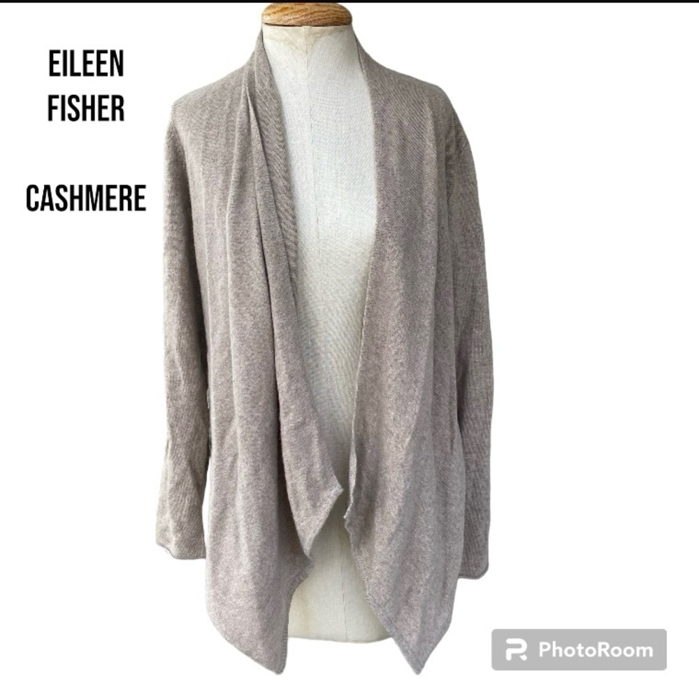 Eileen Fisher cashmere long sleeve open front tan cardigan sweater M